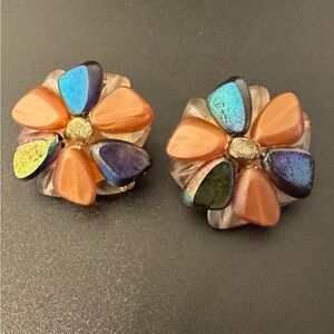 Vintage West Germany Cha Cha Clip On Earrings AB Glass Lucite Flower Cluster